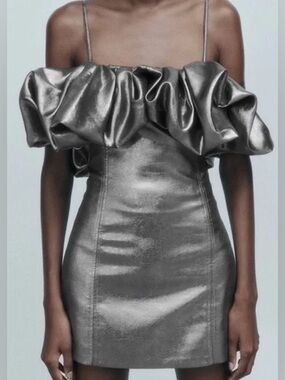 Zara Black Shiny Ruffle Off-Shoulder Mini Dress